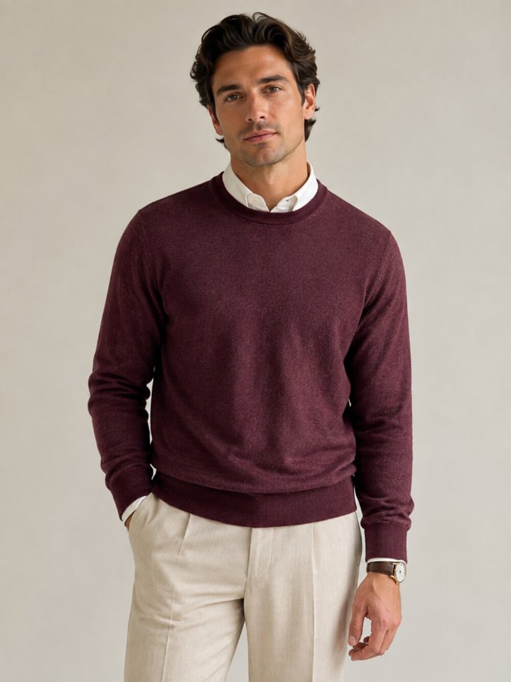Express 100% Merino Wool Sweater L Burgundy Crewneck Quiet Luxury Minimalist